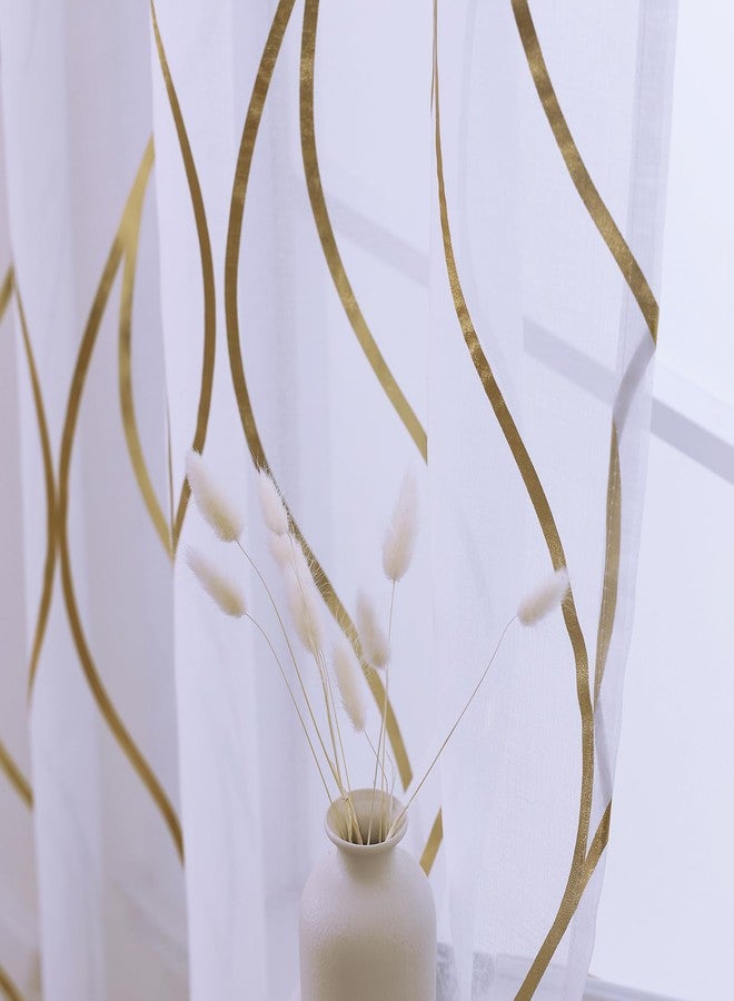 L.Z.E White and Gold Christmas Sheer Curtains 84 Inches Long 2 Panels Set, Gold Foil Printed Sheer Curtains for Living Room Dining Room, Light Filtering Grommet Window Drapes with Wave Patterns - Image 5